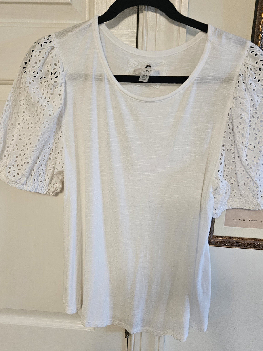 Cupio White Eyelet Puff Sleeve Slub Knit Tee